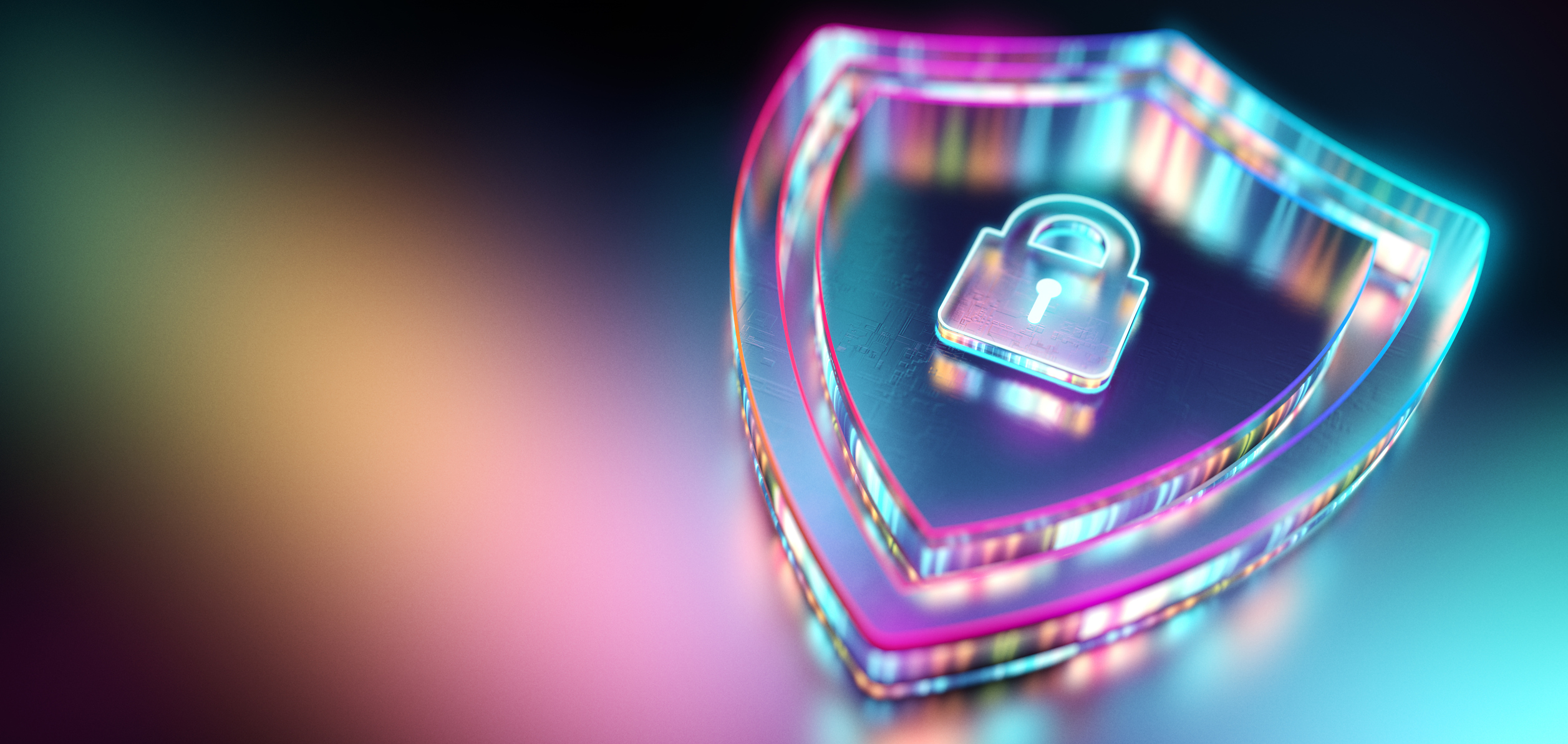 a close up image of a computer generated glossy textured shield with a padlock inside of it representing computer network security