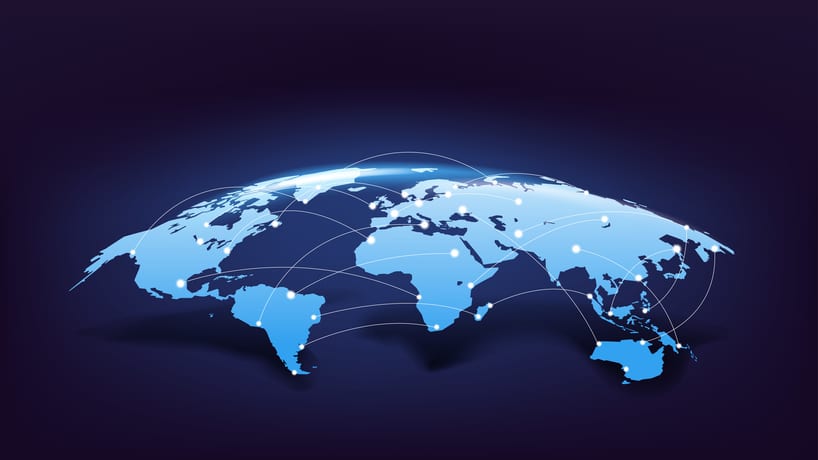 a globe showing all countries connected by lines showing a computer network