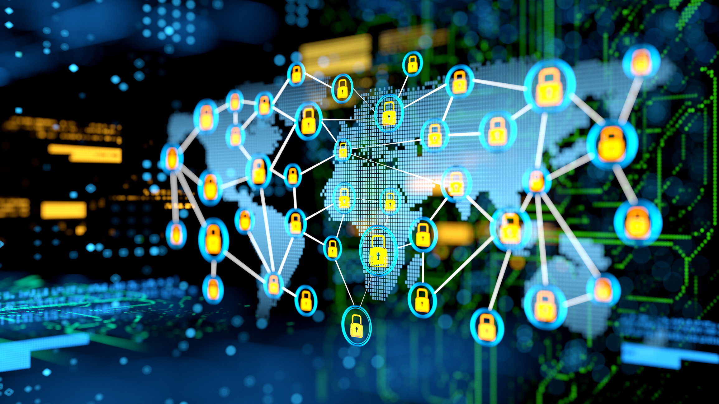 a map of computer networks connected together with padlocks showing security