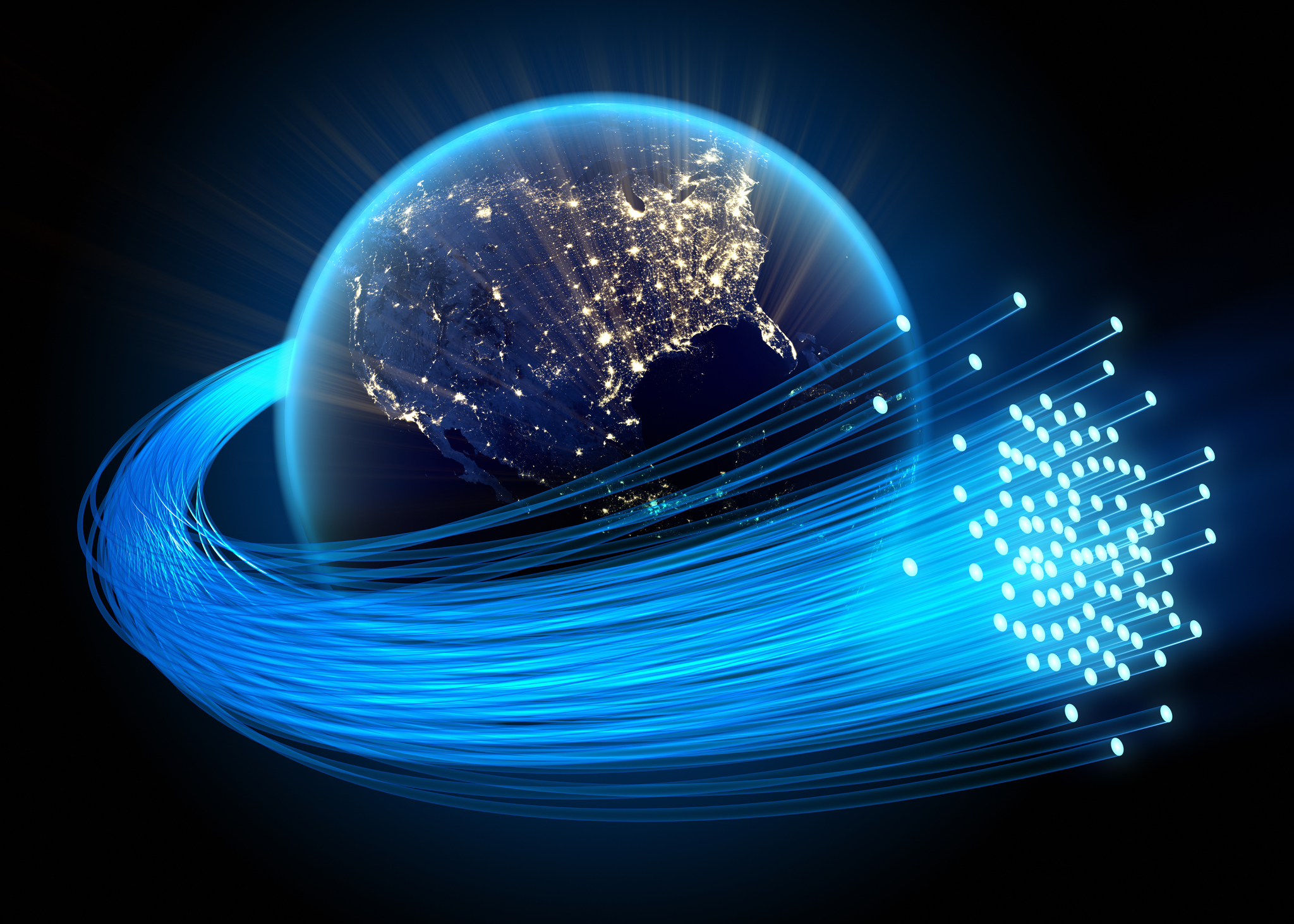a series of fibre optic cable wrapped around planet earth representing world wide connectrivity