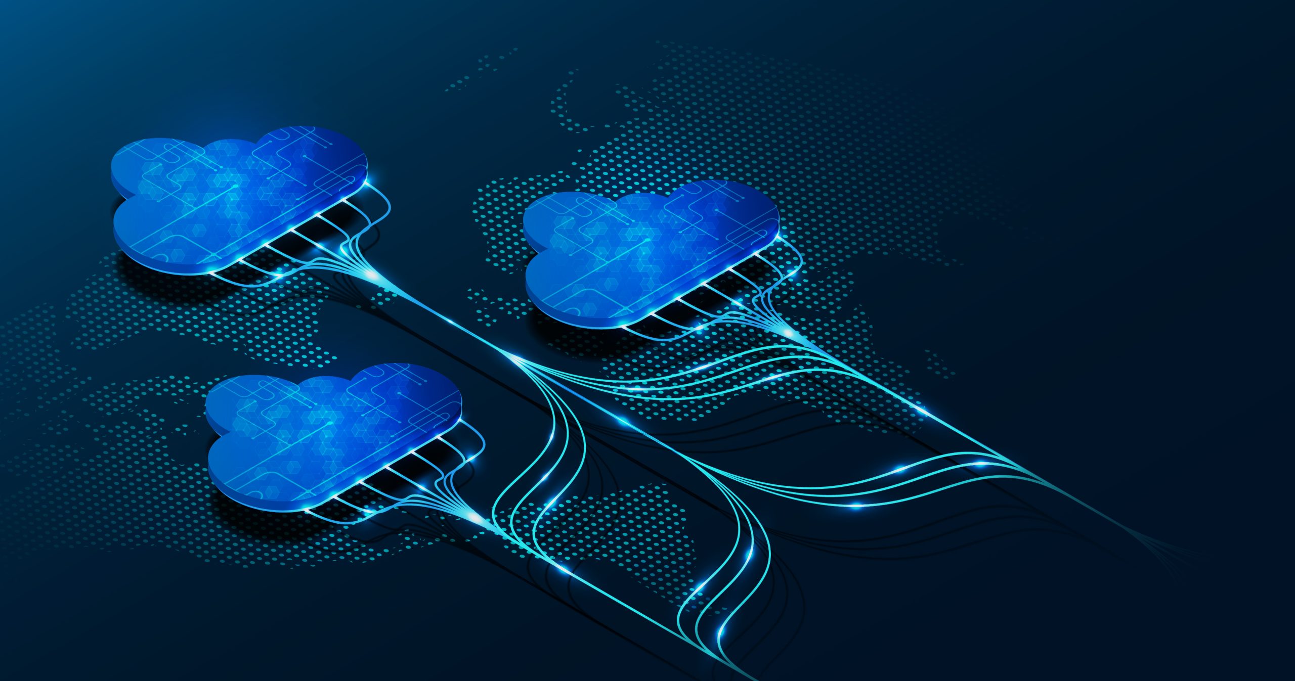 a digital created image showing multiple clouds linked together representing cloud technologies