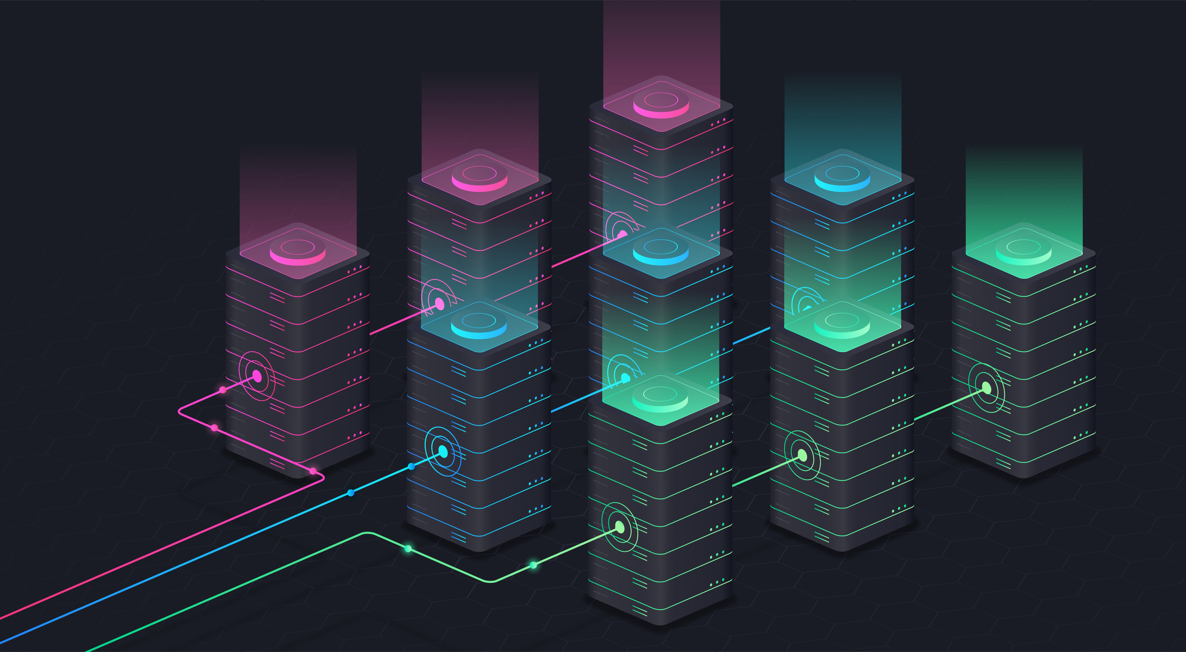 Database dark concept. Servers and modern technologies, Internet and wireless connection. Online information storage and cloud service. Server room rack. Cartoon isometric vector illustration
